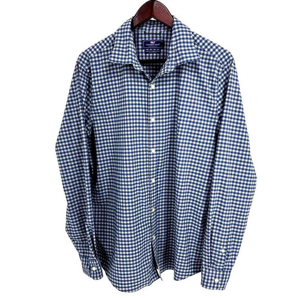 Vineyard Vines Performance Slim Fit Cooper Shirt Men's‎ L Blue Gingham Check